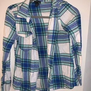 Flannel button-up Rue 21 blue and teal plaid 100% cotton